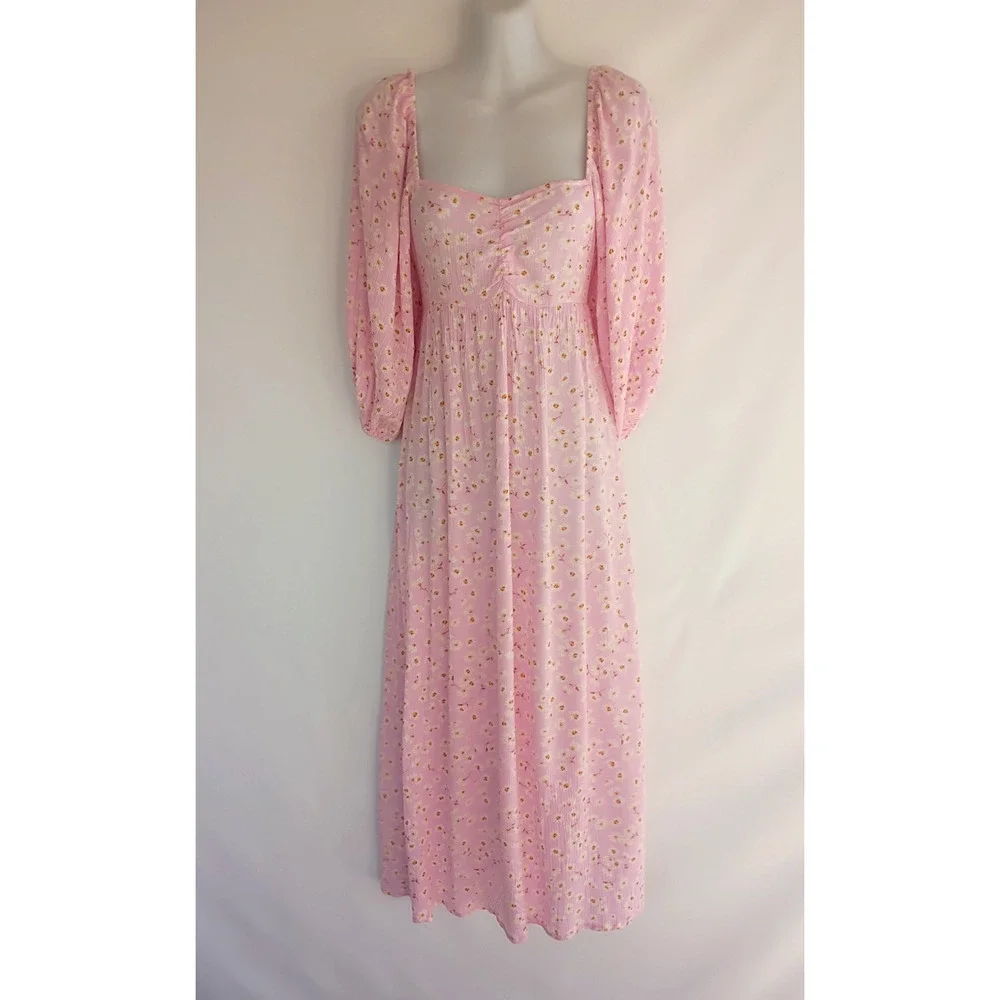 BillaBong Swept Away Midi Dress Pink Floral Puff Sleeve Smocked Cottagecore M - Picture 13 of 16